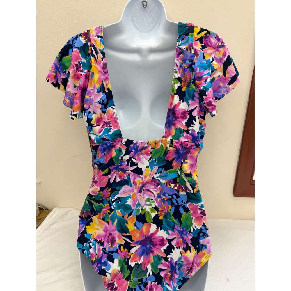 Swim Solutions Flutter Sleeve One Piece Swimsuit Size 14 Navy Floral - Picture 4 of 10